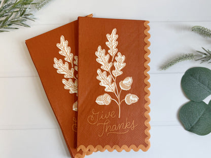 Give Thanks Acorns Orange Dinner Napkins - Scalloped Details