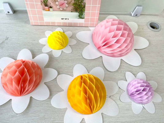 Honeycomb Daisy Wall Decorations - Colorful Flower Party Decor, Set of 5
