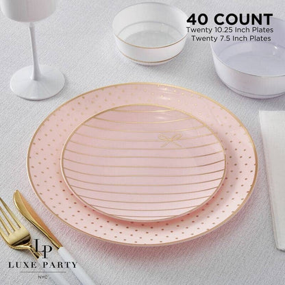 Baby Pink and Gold Bow Plates - Bridal Shower Disposable Dinnerware Set | 40 Count