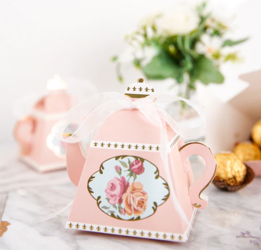 Blush Pink Teapot Favor Boxes - Set of 25 with Ribbon & Glue Dots