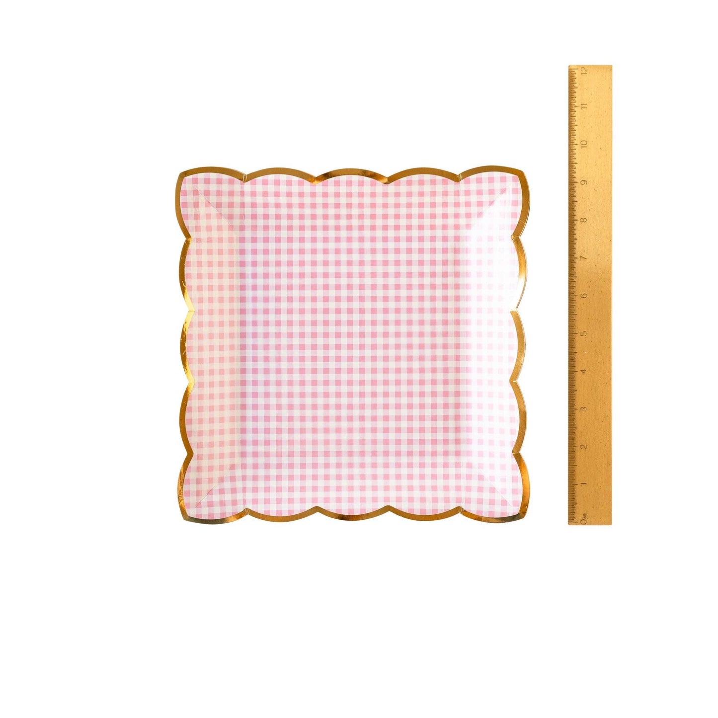 Pink Gingham Scalloped Plates - Gold Edges