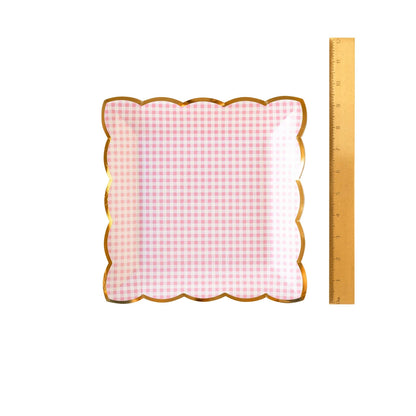 Pink Gingham Scalloped Plates - Gold Edges
