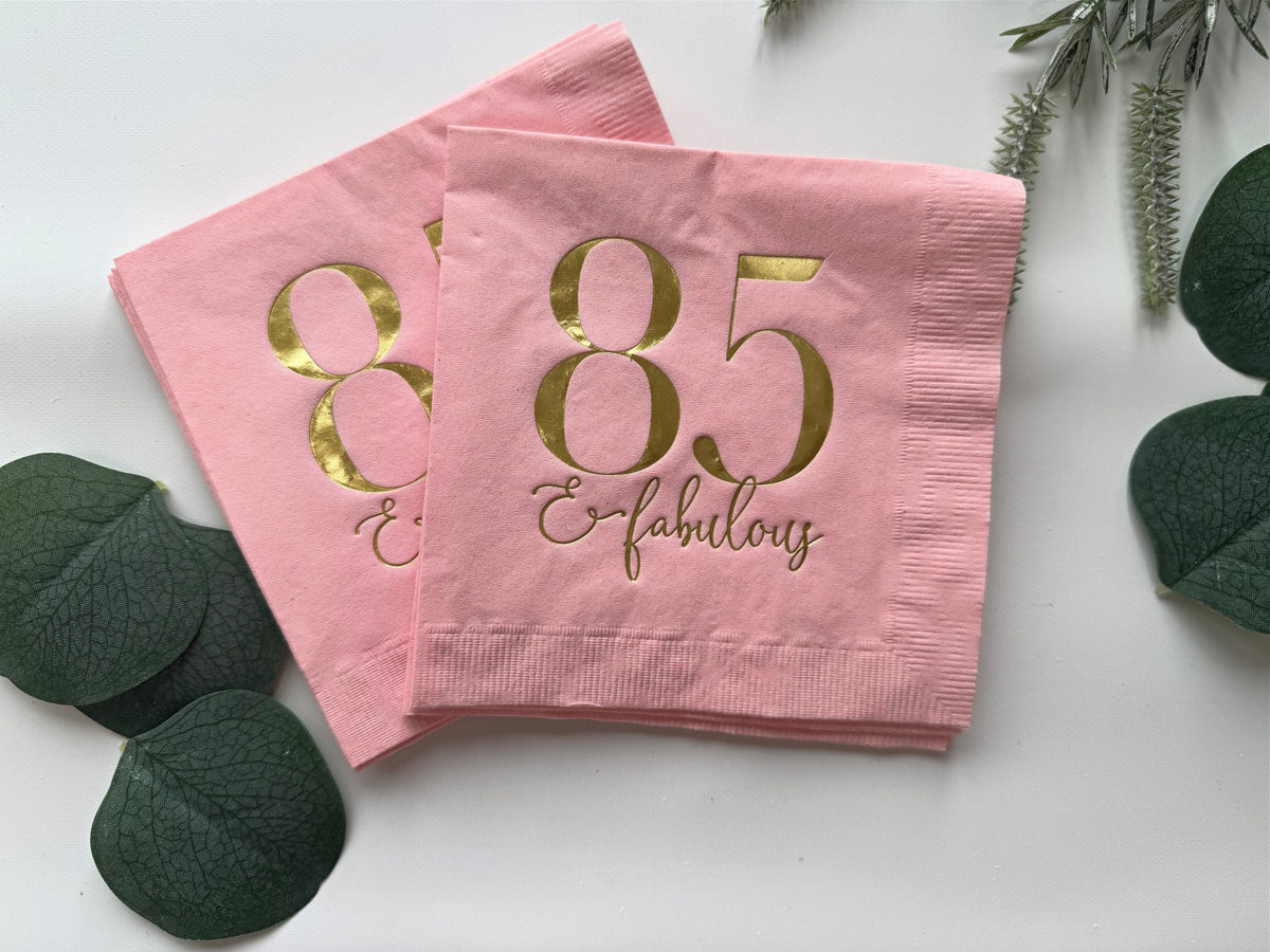
    85 &amp; Fabulous Cocktail Napkins - Pink Drink Napkins with Gold Foil, the designer-recommended anchor napkin for the 85th Birthday Decorations &amp; Party Supplies collection
  