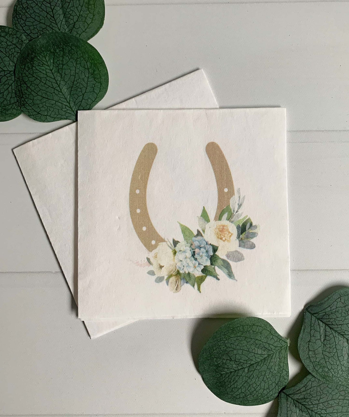 Kentucky Derby Cocktail Napkins - Blue Hydrangea - Gold Horseshoe