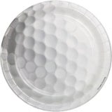 White paper plates with a visually textured surface resembling a golf ball