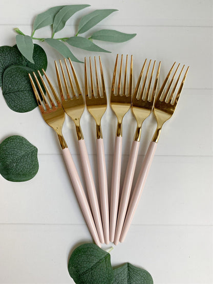 Blush Pink & Gold Plastic Forks 32 Pieces - Premium Silverware for Weddings & Parties