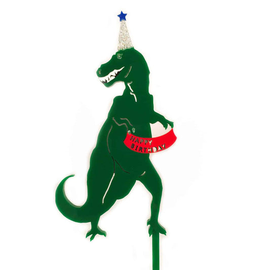 Dinosaur Cake topper in green with Happy Birthday banner and party hat