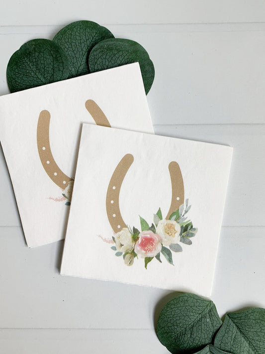 Kentucky Derby Cocktail Napkins - Gold Horseshoe with Ivory Blush Florals for Pony Party, Western Bridal Shower
