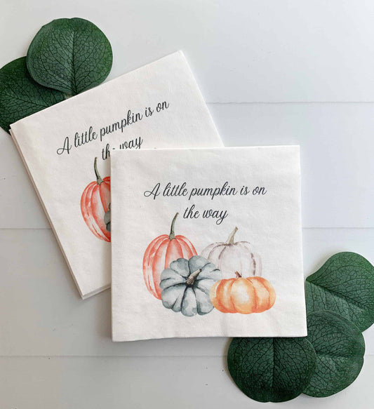 A Little Pumpkin Is On The Way Cocktail Napkins - Blue & Orange