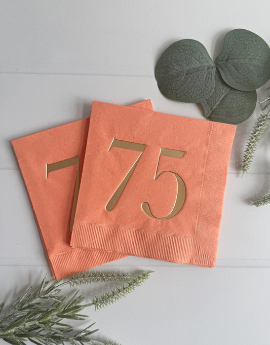 75th Birthday Napkins - Peach and Gold - 75 Party Decorations | Set of 16 Cocktail Sized Napkins