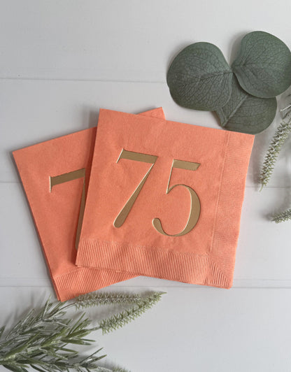 75th Birthday Napkins - Peach and Gold - 75 Party Decorations | Set of 16 Cocktail Sized Napkins