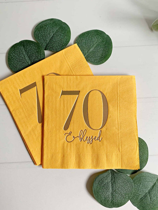 70 & Blessed Cocktail Napkins - Gold on Yellow