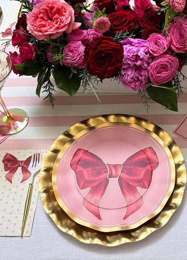 Pink Bow Wavy Dinner Plate with Gold Edge