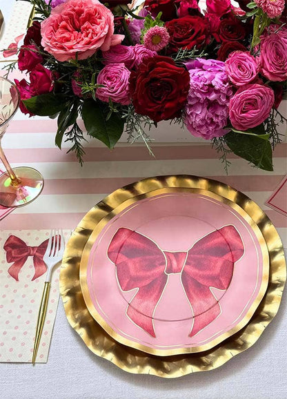 Pink Bow Wavy Dinner Plate with Gold Edge