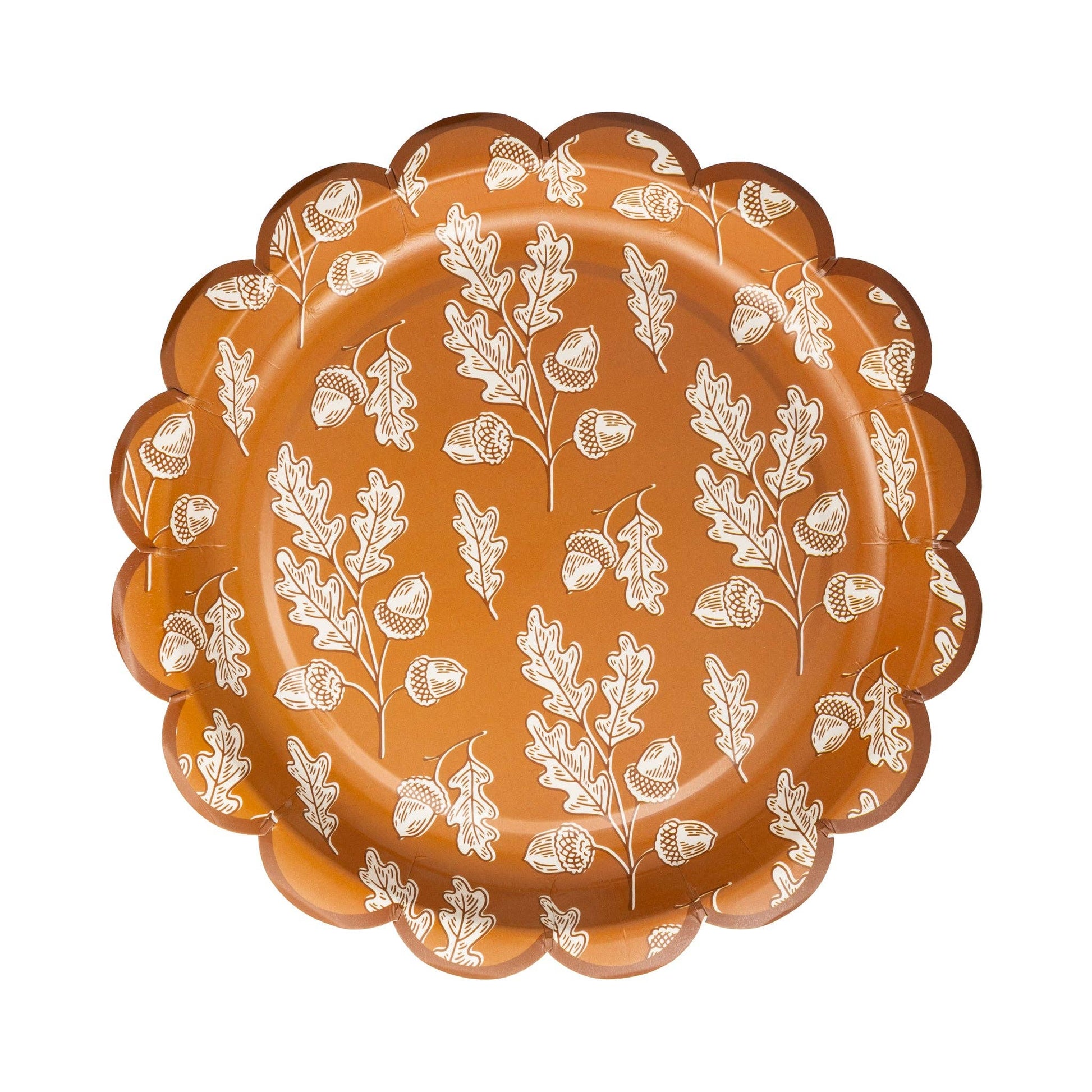 Beautiful acorn-themed scalloped paper plates perfect for fall parties. Premium 9x9 inch harvest design plates, 8 per pack. Ideal for autumn celebrations.