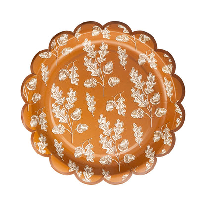 Beautiful acorn-themed scalloped paper plates perfect for fall parties. Premium 9x9 inch harvest design plates, 8 per pack. Ideal for autumn celebrations.