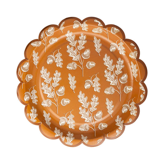Beautiful acorn-themed scalloped paper plates perfect for fall parties. Premium 9x9 inch harvest design plates, 8 per pack. Ideal for autumn celebrations.