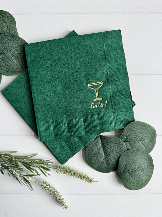 Cin Cin Cocktail Napkins - Forest Green Gold Foil Toast Champagne New Year's Eve Anniversary