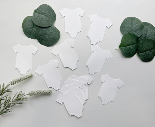 White Onesie Cutouts - Baby Shower Guest Book Tags & Sip and See Decorations (Set of 12)