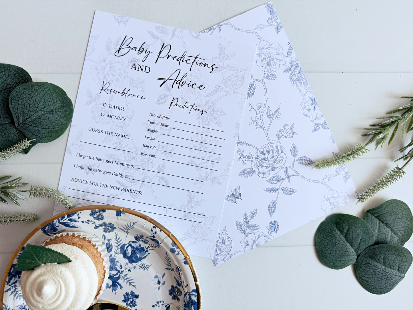 French Blue Toile Floral Baby Shower Predictions & Advice Cards