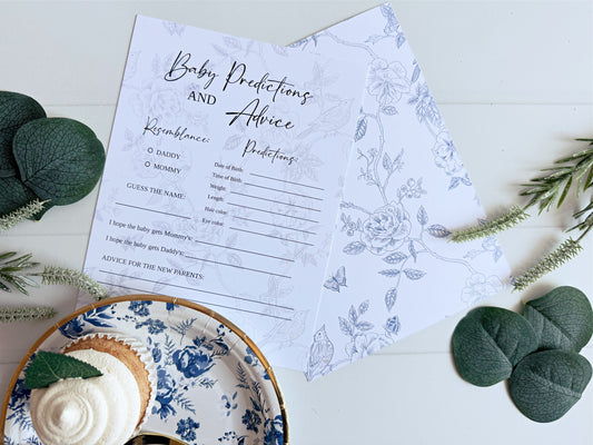 French Blue Toile Floral Baby Shower Predictions & Advice Cards
