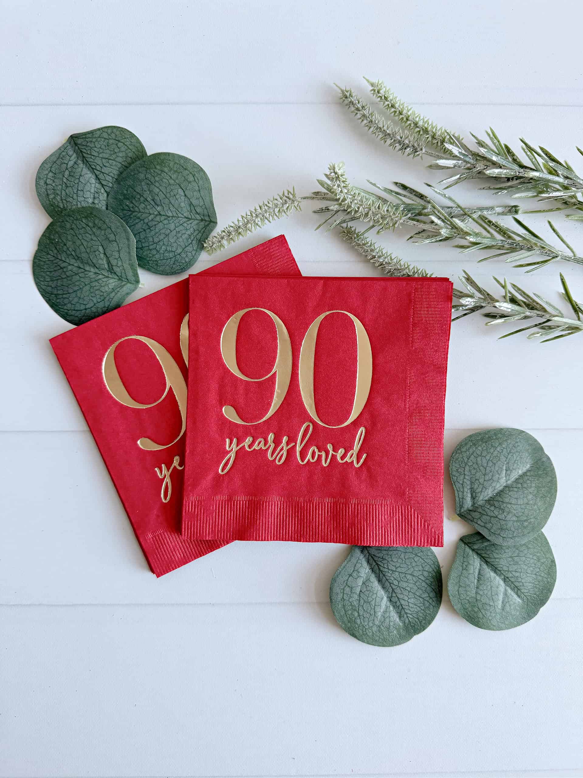 Gorgeous red party napkins with 90 years loved from our very popular EnFete original napkins collection. The perfect red party supplies for your birthday celebration.