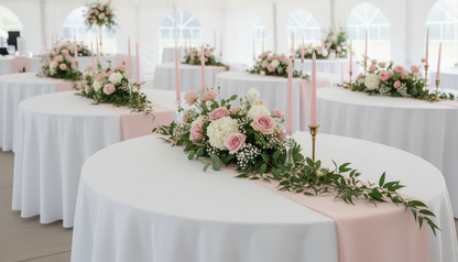 Elegant white tent wedding with blush table runners and wildflowers