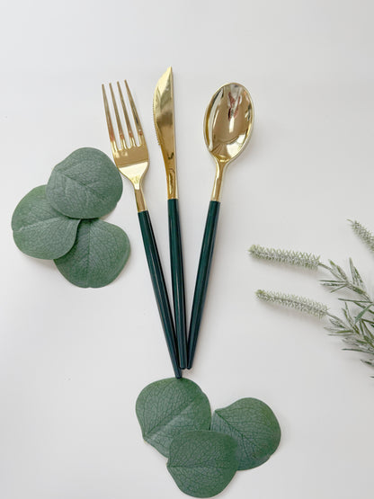 Emerald Green & Gold Plastic Silverware Set 32 Pieces - Premium Cutlery for Weddings & Parties