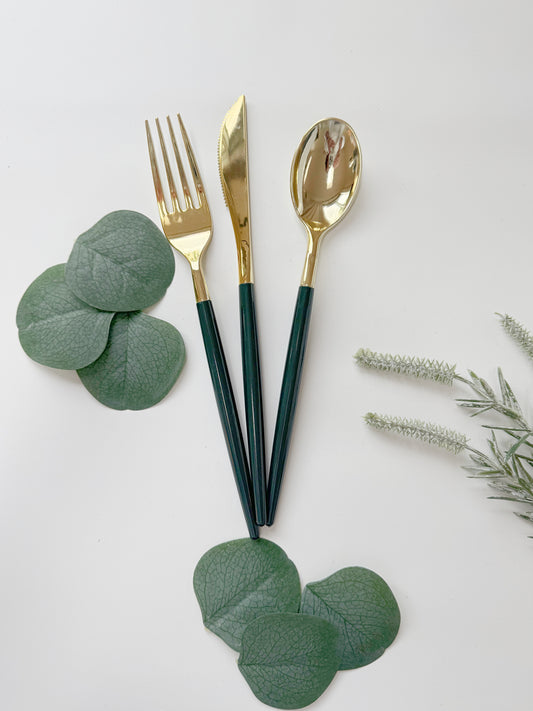 Emerald Green & Gold Plastic Silverware Set 32 Pieces - Premium Cutlery for Weddings & Parties