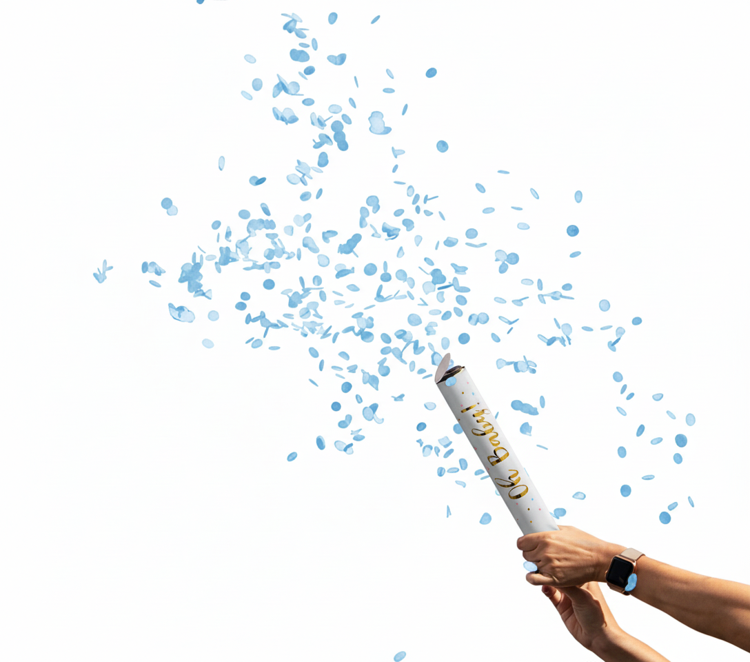 Gender reveal cannons perfect for your gender reveal. You can't see thru the popper, and the labels are identical. We've marked each with a 1 or 2 just to tell them apart. White label with gold "Oh Baby!" printed on the outside.