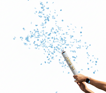 Gender reveal cannons perfect for your gender reveal. You can't see thru the popper, and the labels are identical. We've marked each with a 1 or 2 just to tell them apart. White label with gold "Oh Baby!" printed on the outside.