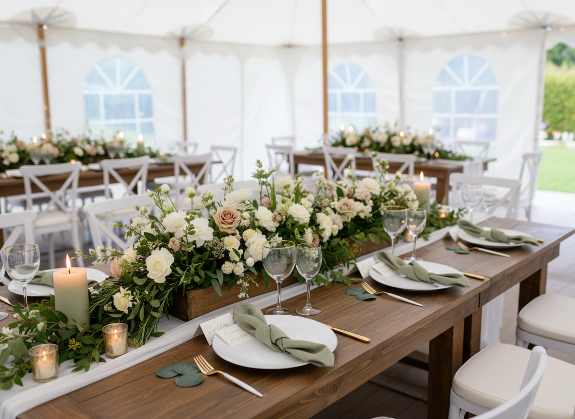 Eucalyptus napkin at white tent wedding