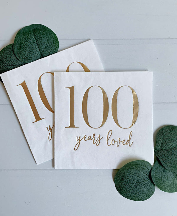 100 Years Loved Cocktail Napkins - 100th Birthday Party Decorations | EnFete Party