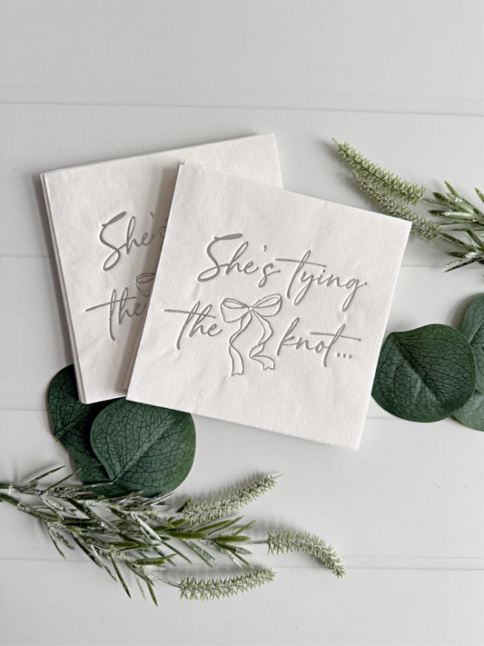 She's Tying the Knot Cocktail Napkins - White & Silver Bridal Shower Decor (16 Pack)