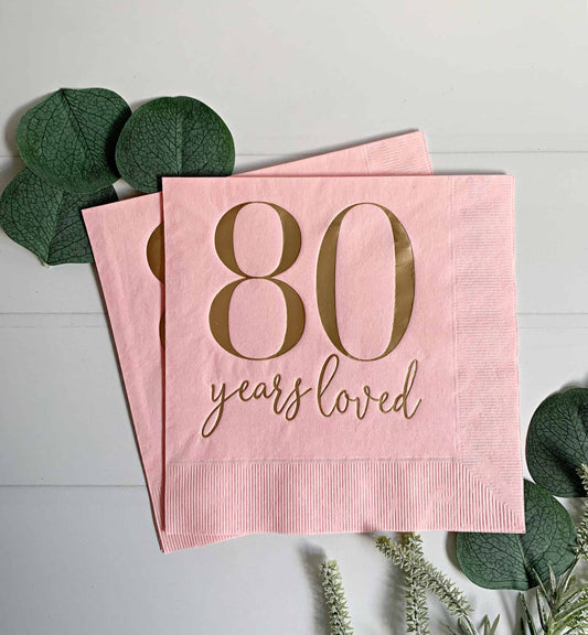 80 years live blush luncheon napkins with gold foil for an 89th birthday celebration