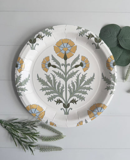 Bold Amber Floral Block Print Dinner Plates - Premium Paper Plates