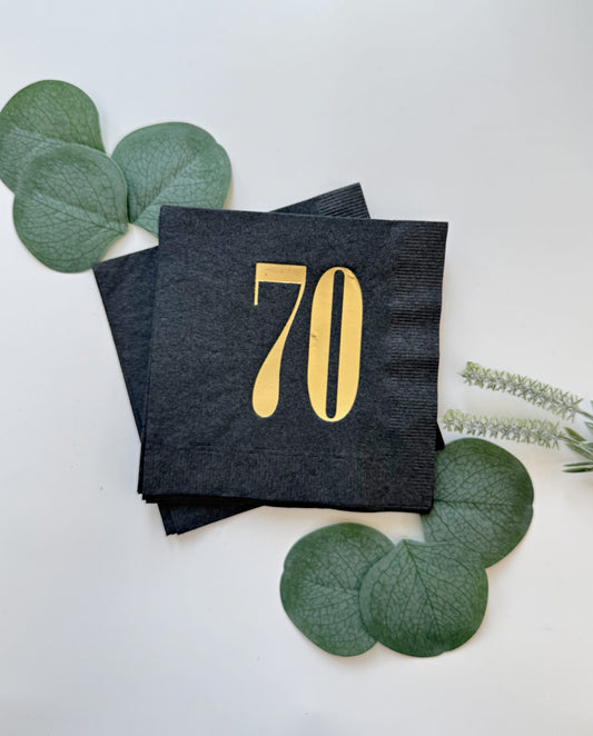 70th Birthday Cocktail Napkins Black & Gold - Milestone Party Decor