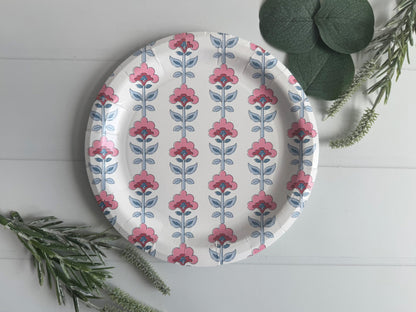 Pink and Blue Floral Block Print on White Cake Plates