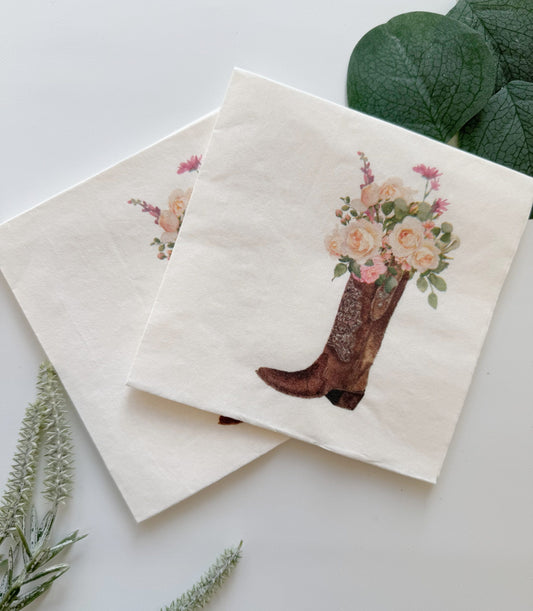 Cowgirl Cocktail Napkins - Boot with Florals - Set of 16 Beverage Napkins for Bachelorette, Derby or Western Bridal Shower