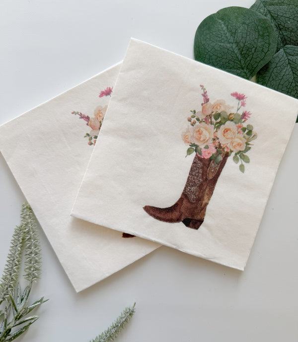 Cowgirl Cocktail Napkins - Boot with Florals - Set of 16 Beverage Napkins for Bachelorette, Derby or Western Bridal Shower | EnFete Party