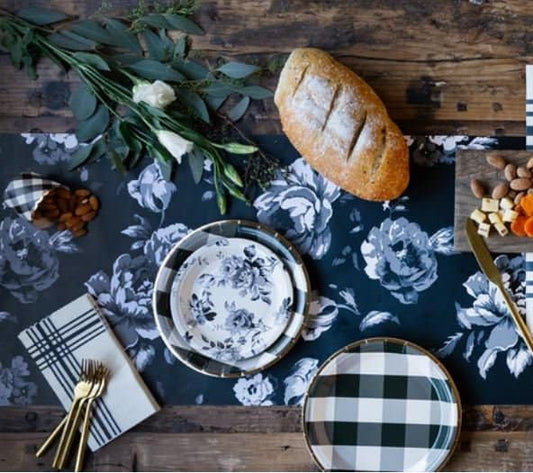 Farmhouse Table Runner made from paper printed with bold cabbages roses - black background with cream colored floral design