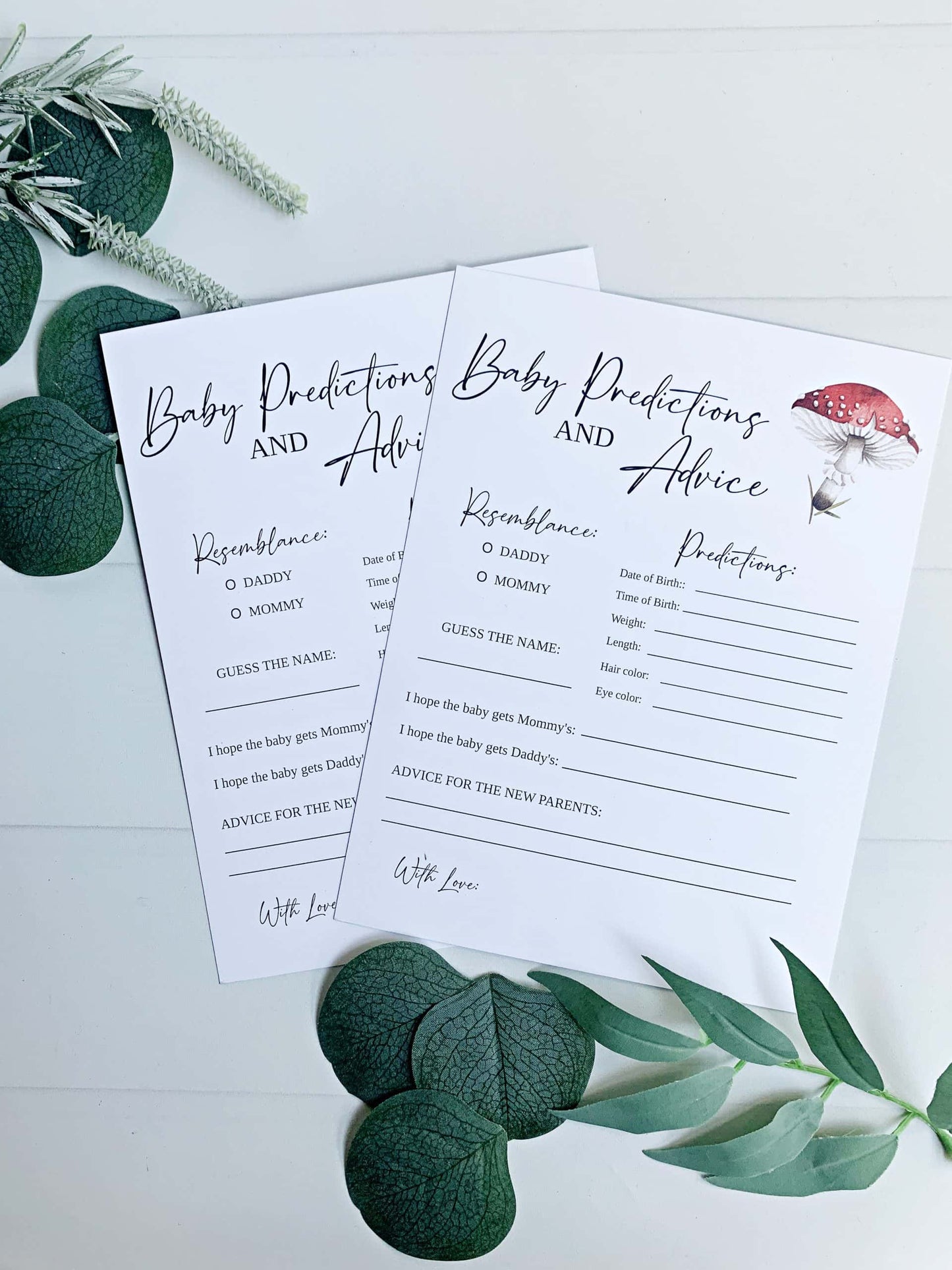 Celebrate the glowing mom-to-be with our adorable Woodland Mushroom Baby Shower Advice and Predictions Cards. With charming green accents and whimsical mushroom illustrations, these cards are a delightful way for guests to pass on their wise words and well wishes.