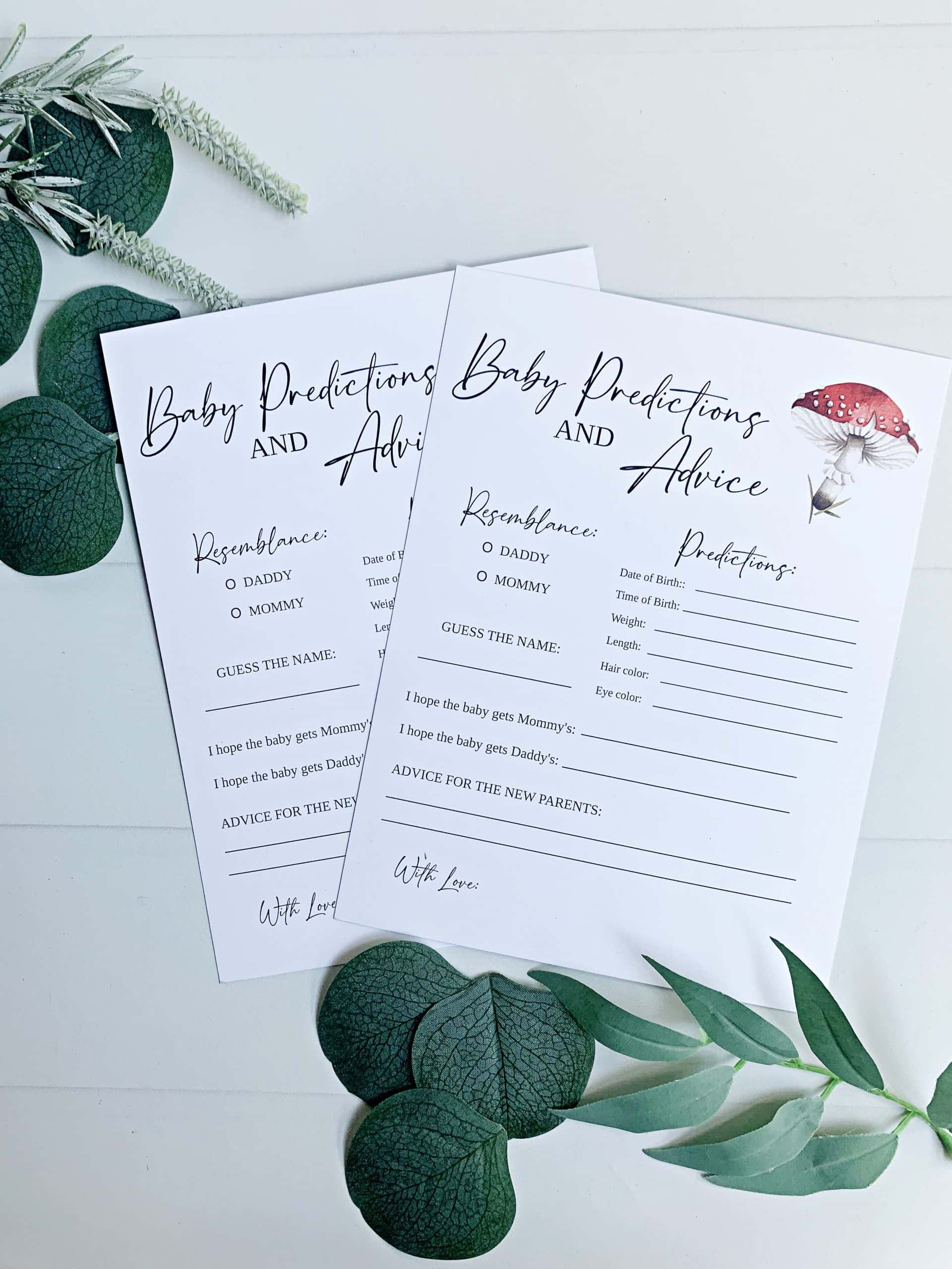 Celebrate the glowing mom-to-be with our adorable Woodland Mushroom Baby Shower Advice and Predictions Cards. With charming green accents and whimsical mushroom illustrations, these cards are a delightful way for guests to pass on their wise words and well wishes.