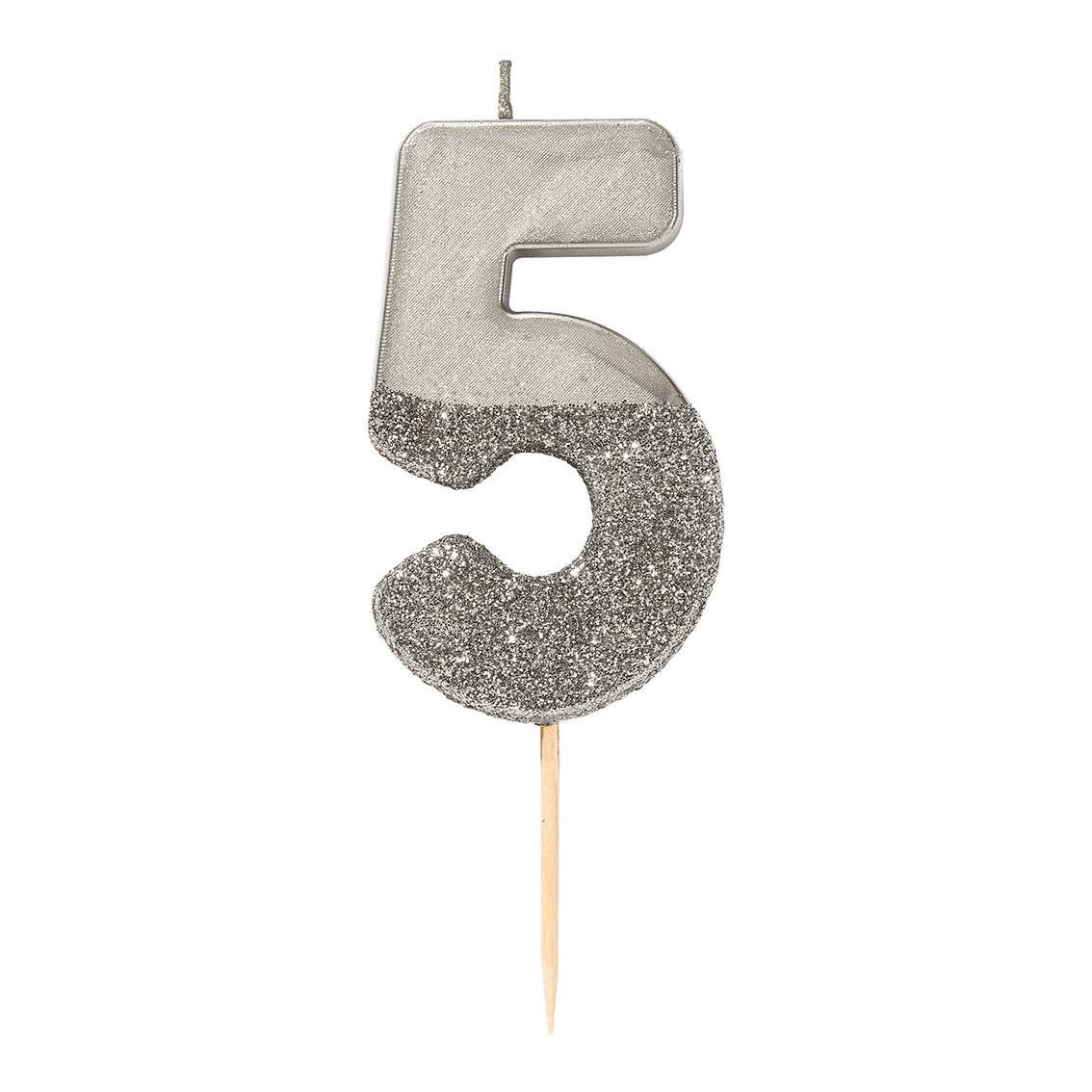 Number 5 Birthday Candle - Silver Glitter | Cake Topper