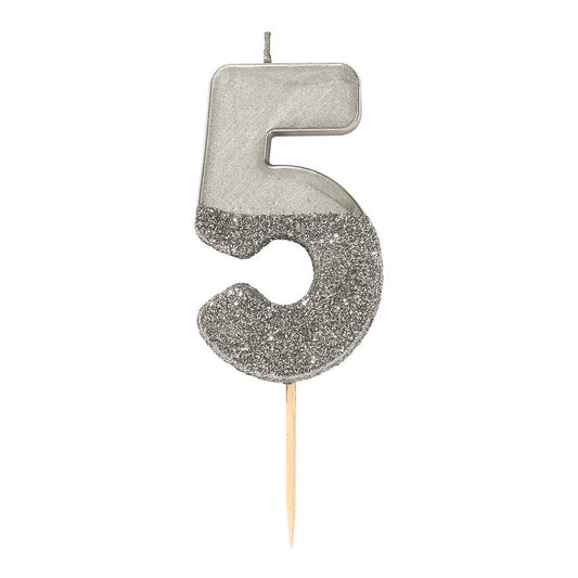 Number 5 Birthday Candle - Silver Glitter | Cake Topper
