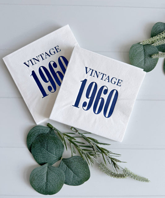 Vintage 1960 Cocktail Napkins - Navy Blue 65th Birthday Party Decorations Anniversary Celebration