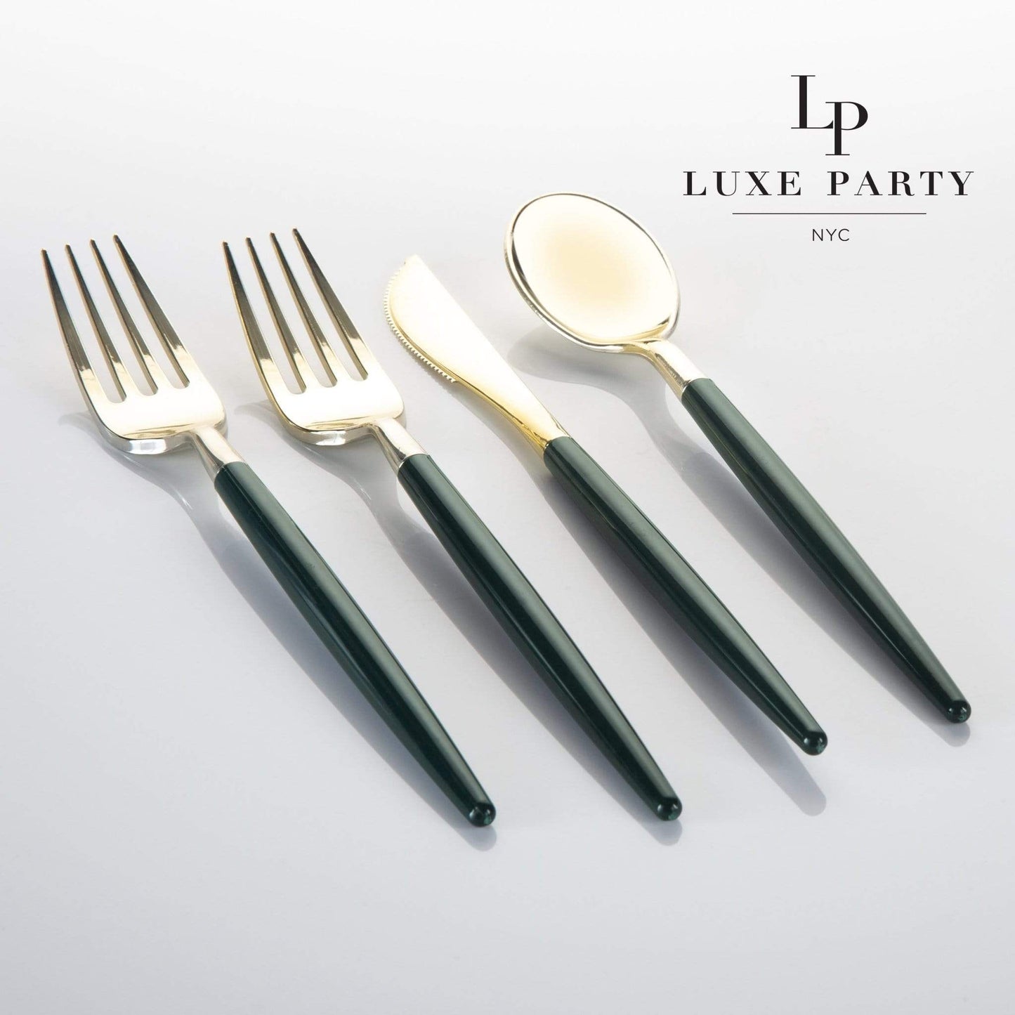 Emerald Green & Gold Plastic Silverware Set 32 Pieces - Premium Cutlery for Weddings & Parties