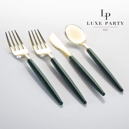 Emerald Green & Gold Plastic Silverware Set 32 Pieces - Premium Cutlery for Weddings & Parties