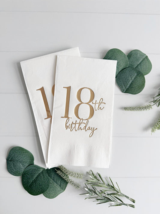 Classy Dinner Napkins for an 18th Birthday Party - White with Gold Foil Accents