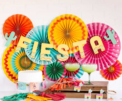 Final Fiesta Party - Bachelorette or Cinco de Mayo - perfect backdrop fans and a fiesta banner with cacti